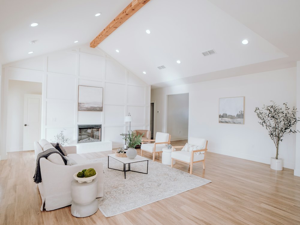 Bright living room with light oak plank floors