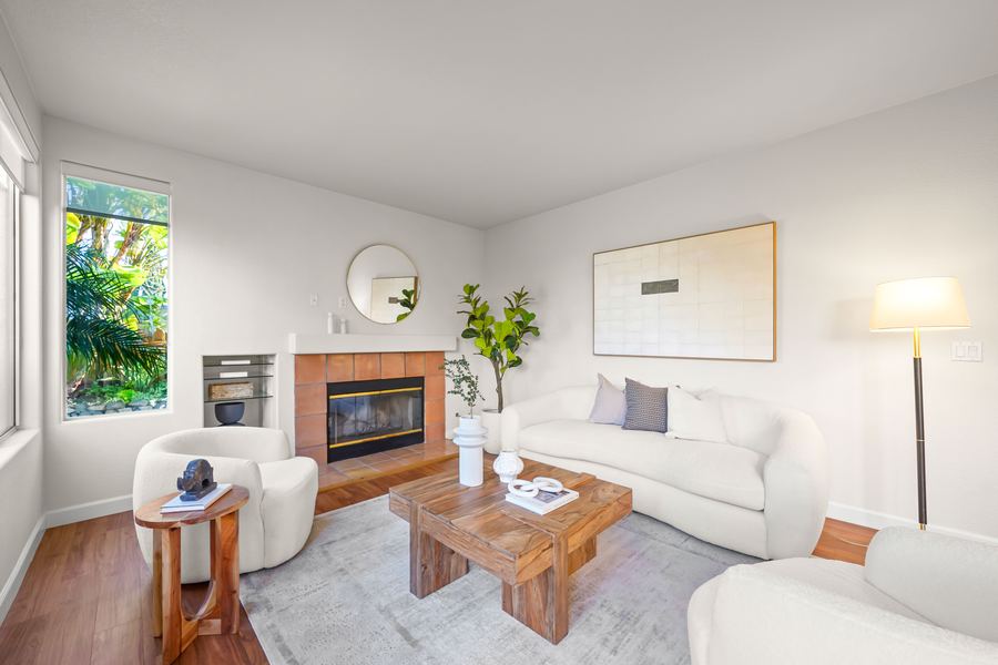 Staged family room with fireplace
